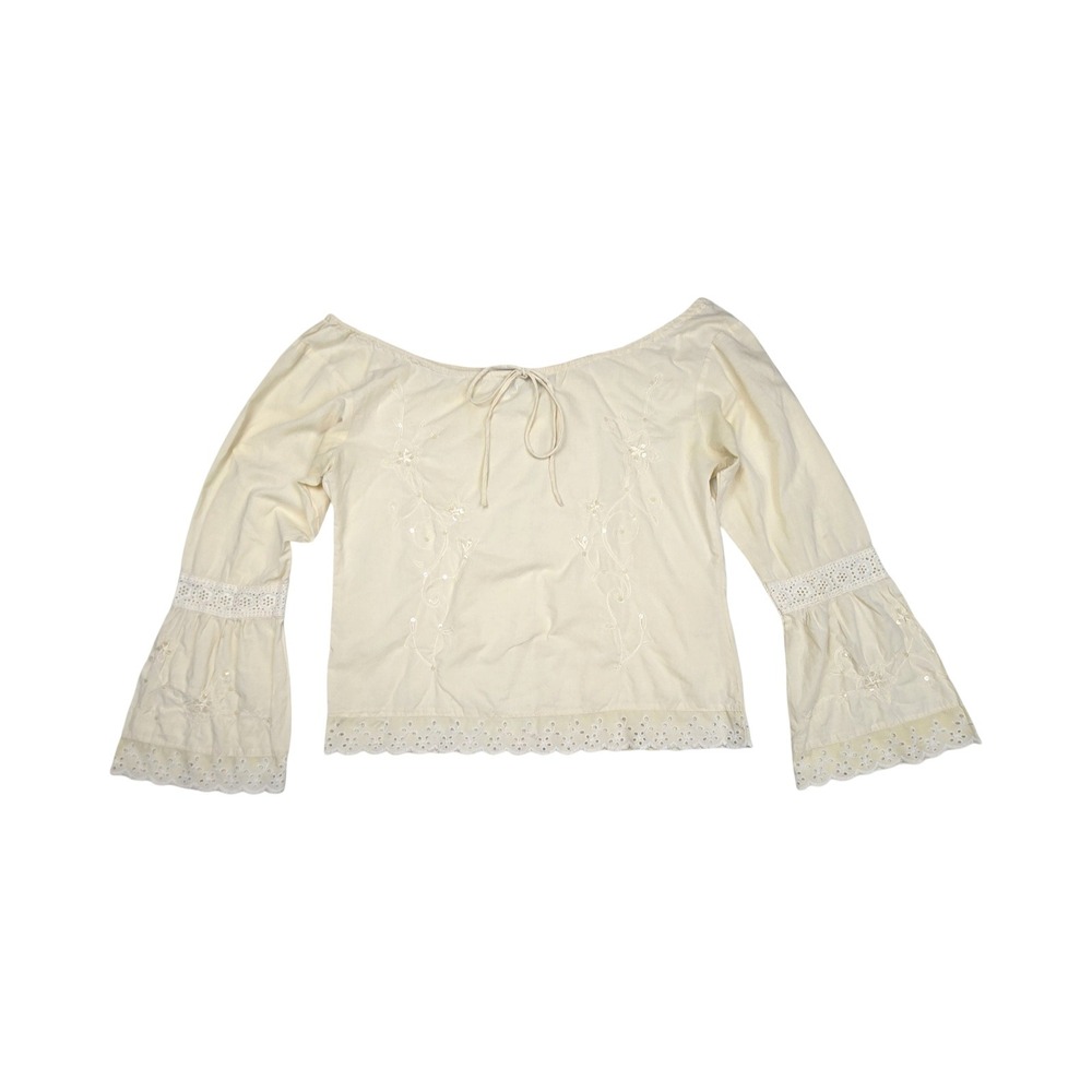 Y2K B Moss Butter Yellow Cotton Peasant Top Embroidered Eyelet Lace Bell Sleeve